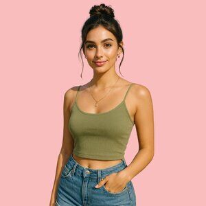 Streetwear Society Olive Green Ribbed Cropped Tank Top (Size S)